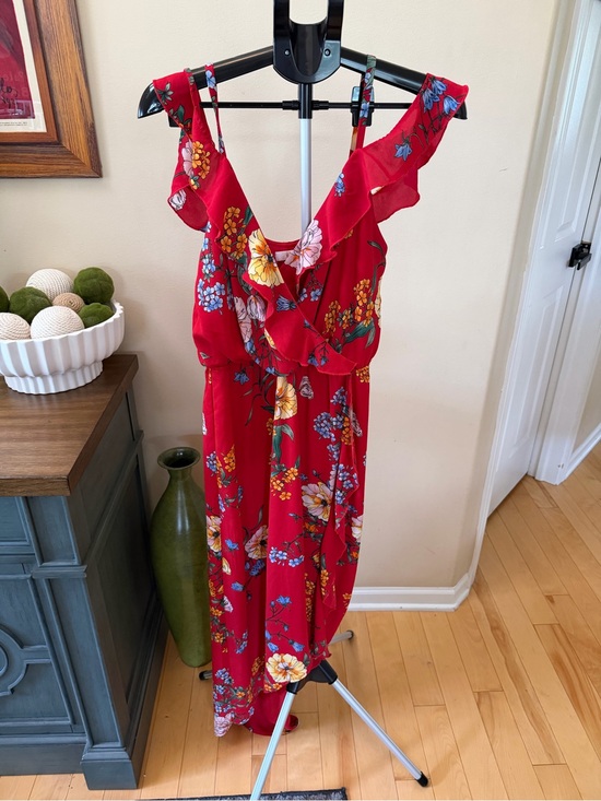 C Dresses & Skirts - Women’s Small Red Floral Maxi Dress Ruffle Faux Wrap Boho Cottagecore